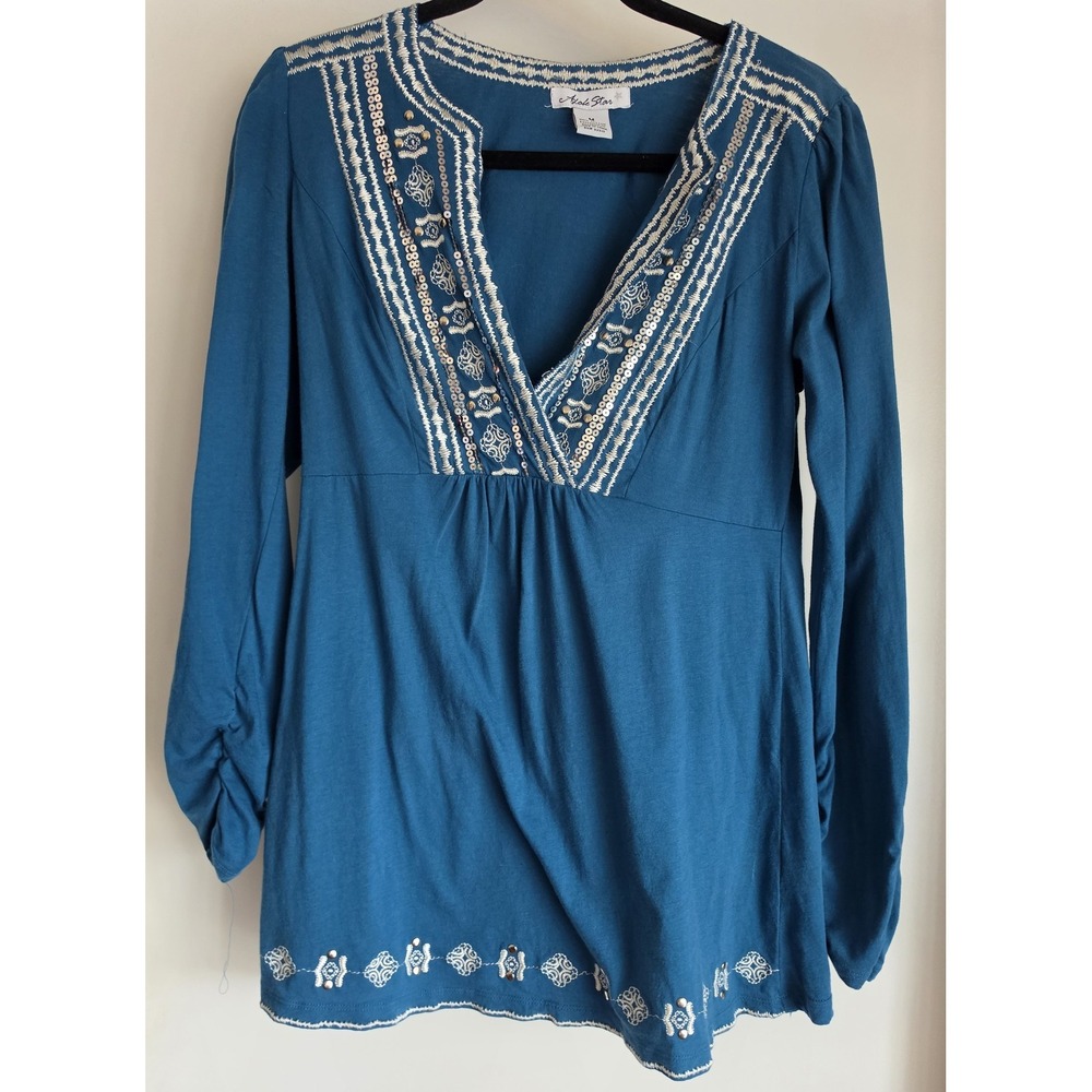Adobe Star Women's Blouse M Blue Cotton Tunic Top Embroidery Embellished Boho